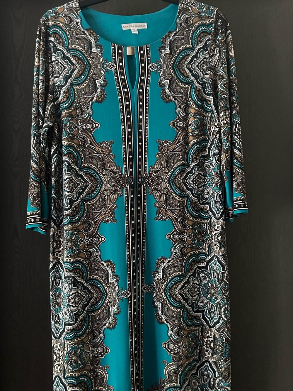 Sandra Darren Teal and Black Paisley-Print Midi Dress